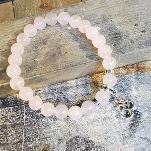 Om Aum Zen Mantra Pink Rose Quartz Gemstone Stretch Bracelet